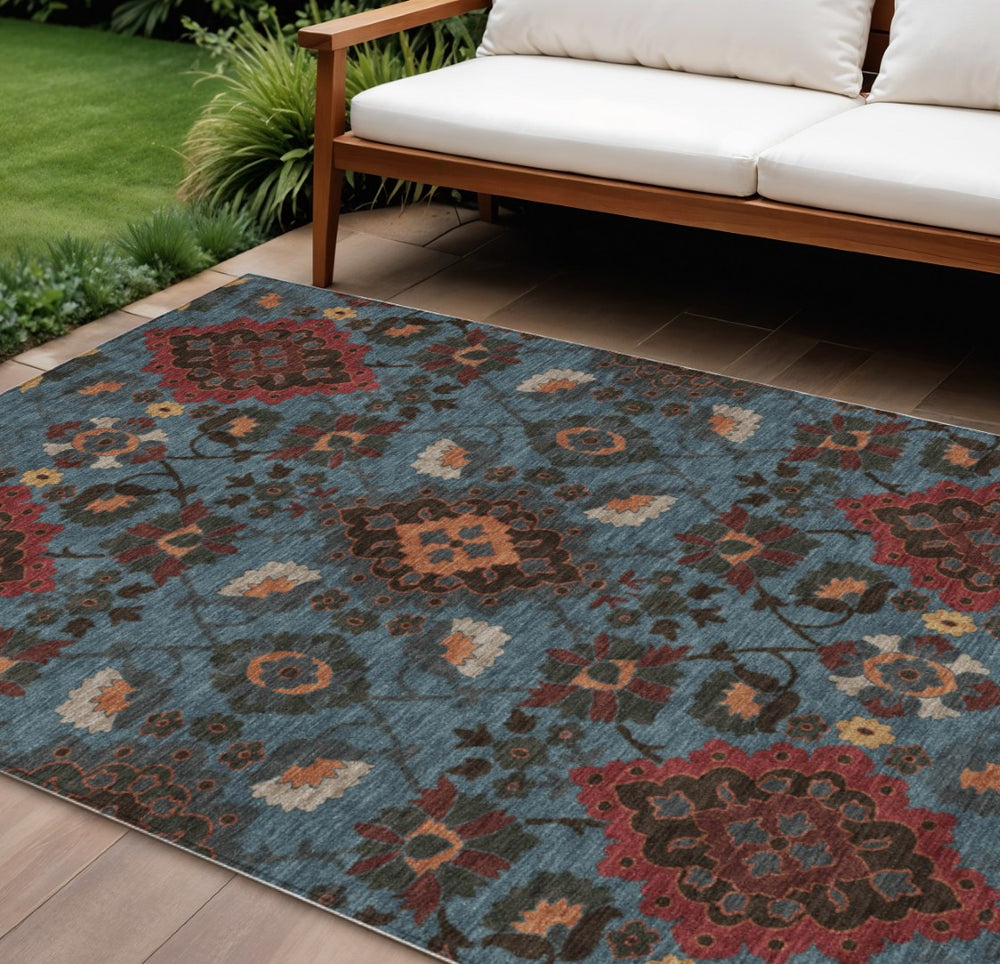 HomeRoots 9' Classic Denim Blue and Brick Red Oriental Indoor-Outdoor Area Rug - Washable & Durable Design 597684