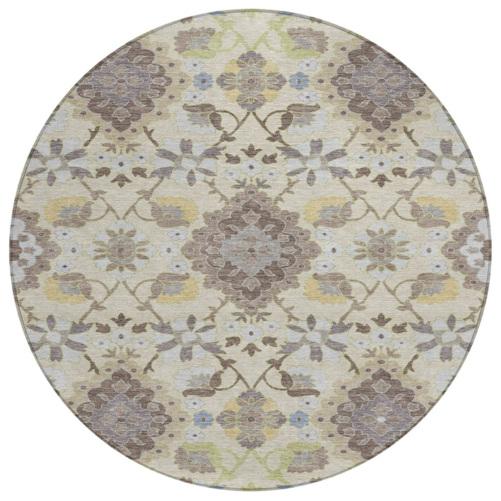 HomeRoots 5' Elegant Ivory Brown and Green Oriental Washable Area Rug for Indoor and Outdoor Spaces 8' Round 597694