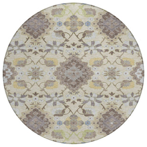 HomeRoots 5' Elegant Ivory Brown and Green Oriental Washable Area Rug for Indoor and Outdoor Spaces 8' Round 597694