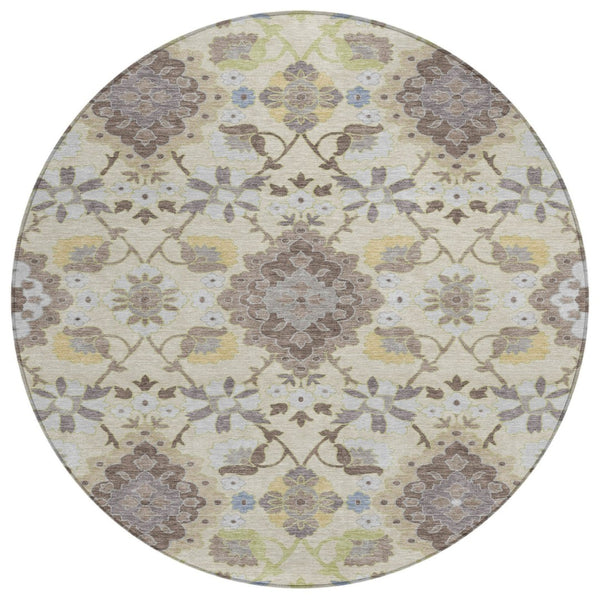 HomeRoots 5' Elegant Ivory Brown and Green Oriental Washable Area Rug for Indoor and Outdoor Spaces 8' Round 597694