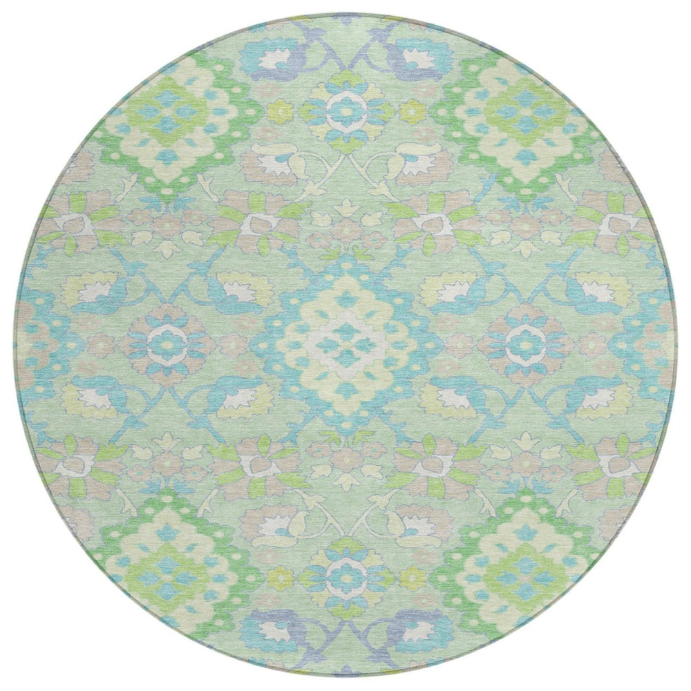 HomeRoots 5' Elegant Mint Green, Blue, and Ivory Oriental Area Rug - Durable, Washable for Indoor & Outdoor Use 8' Round 597700