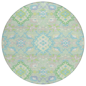 HomeRoots 5' Elegant Mint Green, Blue, and Ivory Oriental Area Rug - Durable, Washable for Indoor & Outdoor Use 8' Round 597700