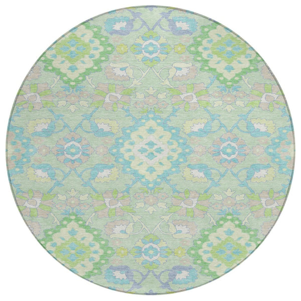HomeRoots 5' Elegant Mint Green, Blue, and Ivory Oriental Area Rug - Durable, Washable for Indoor & Outdoor Use 8' Round 597700