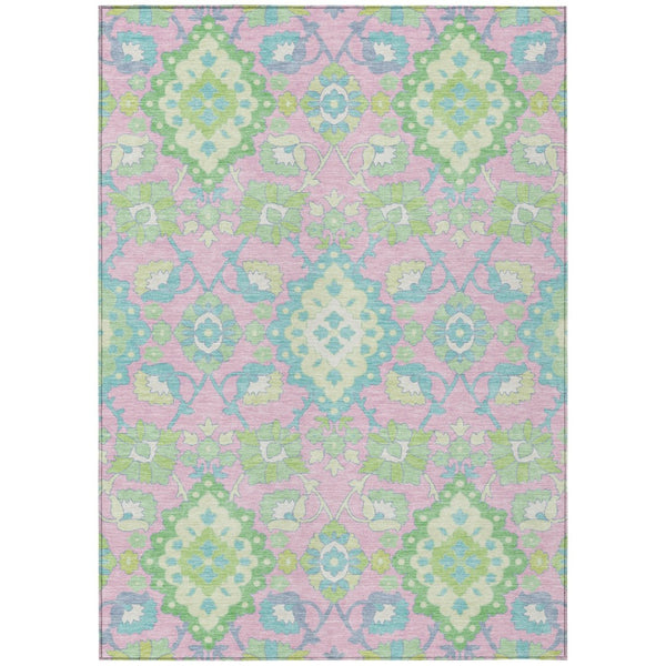 HomeRoots 9' Vibrant Pink, Green & Blue Washable Oriental Area Rug for Indoor/Outdoor High-Traffic Spaces 597708