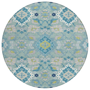 HomeRoots 5' Stylish Teal Blue Green Ivory Oriental Washable Indoor Outdoor Rug for High-Traffic Areas 8' Round 597712