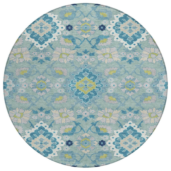 HomeRoots 5' Stylish Teal Blue Green Ivory Oriental Washable Indoor Outdoor Rug for High-Traffic Areas 8' Round 597712