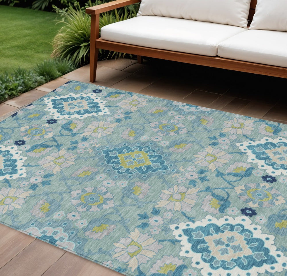 HomeRoots 5' Stylish Teal Blue Green Ivory Oriental Washable Indoor Outdoor Rug for High-Traffic Areas 10' X 14' 597715