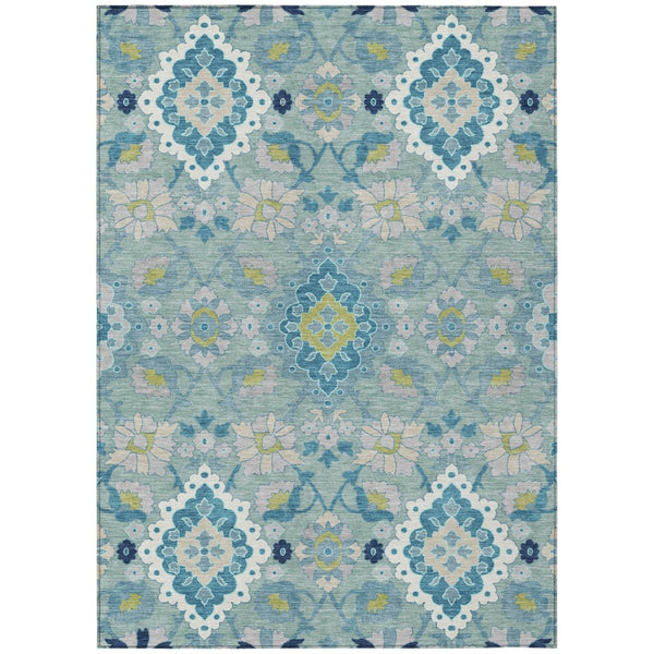 HomeRoots 5' Stylish Teal Blue Green Ivory Oriental Washable Indoor Outdoor Rug for High-Traffic Areas 10' X 14' 597715