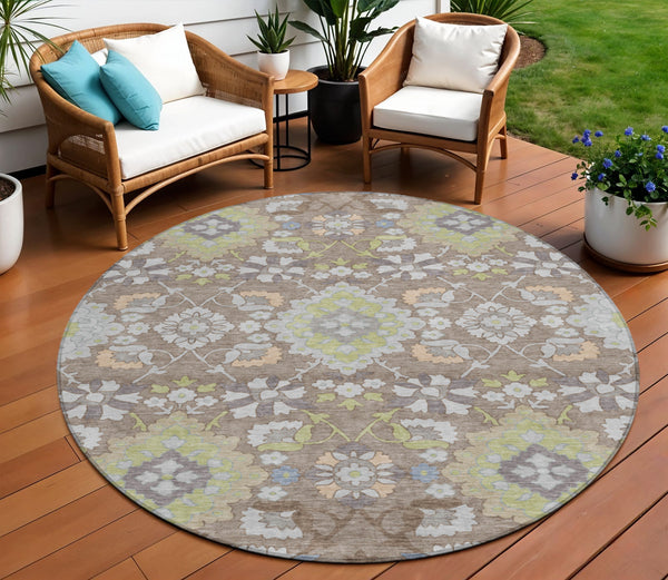 Homeroots 3' Stylish Black Gray Brown Oriental Washable Area Rug For Indoor Outdoor Comfort And Durability 8' Round Polyester 597718