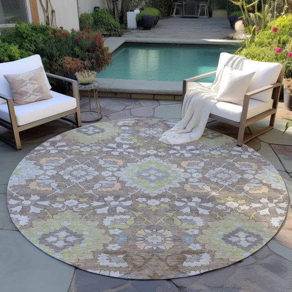 Homeroots 3' Stylish Black Gray Brown Oriental Washable Area Rug For Indoor Outdoor Comfort And Durability 8' Round Polyester 597718