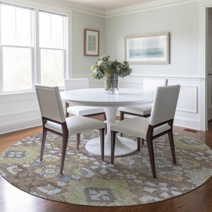 Homeroots 3' Stylish Black Gray Brown Oriental Washable Area Rug For Indoor Outdoor Comfort And Durability 8' Round Polyester 597718