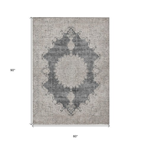 Homeroots 3' Black And Ivory Oriental Washable Area Rug For Indoor And Outdoor Spaces, Durable Design 5' X 8' Polyester 597723
