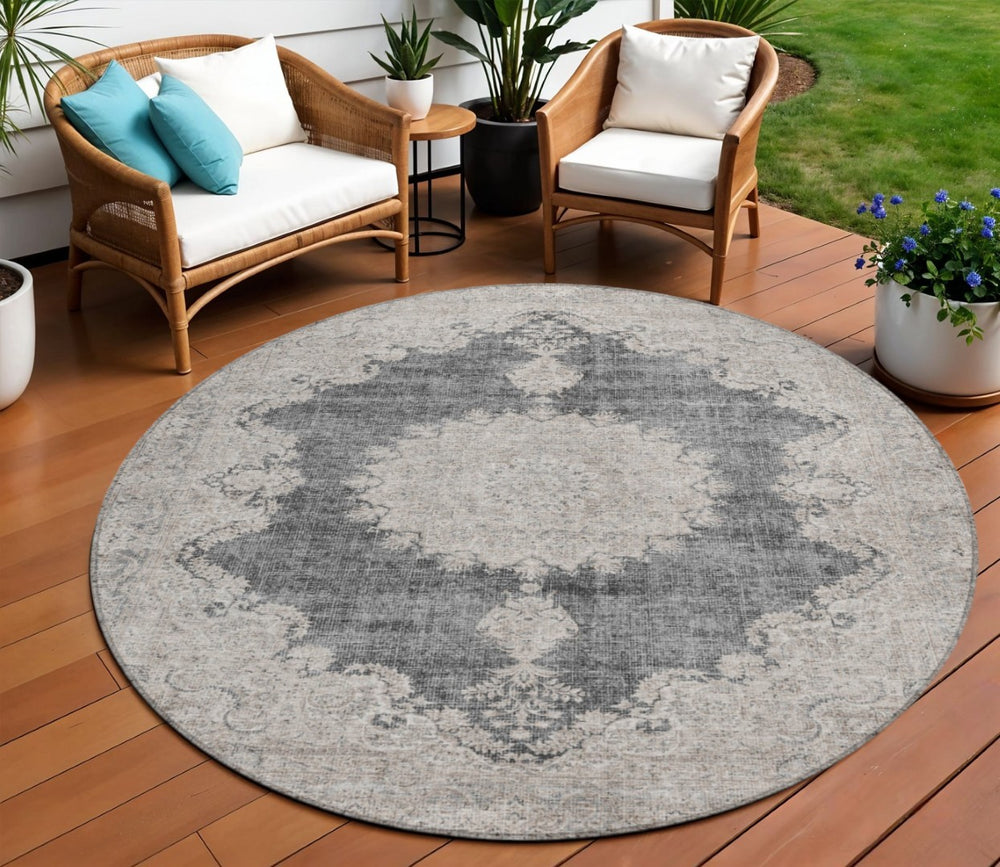 HomeRoots 5' Black and Ivory Oriental Area Rug – Durable, Washable Design for Indoor and Outdoor Spaces 8' Round 597724