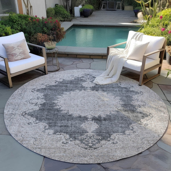 Homeroots 3' Black And Ivory Oriental Washable Area Rug For Indoor And Outdoor Spaces, Durable Design 8' Round Polyester 597724