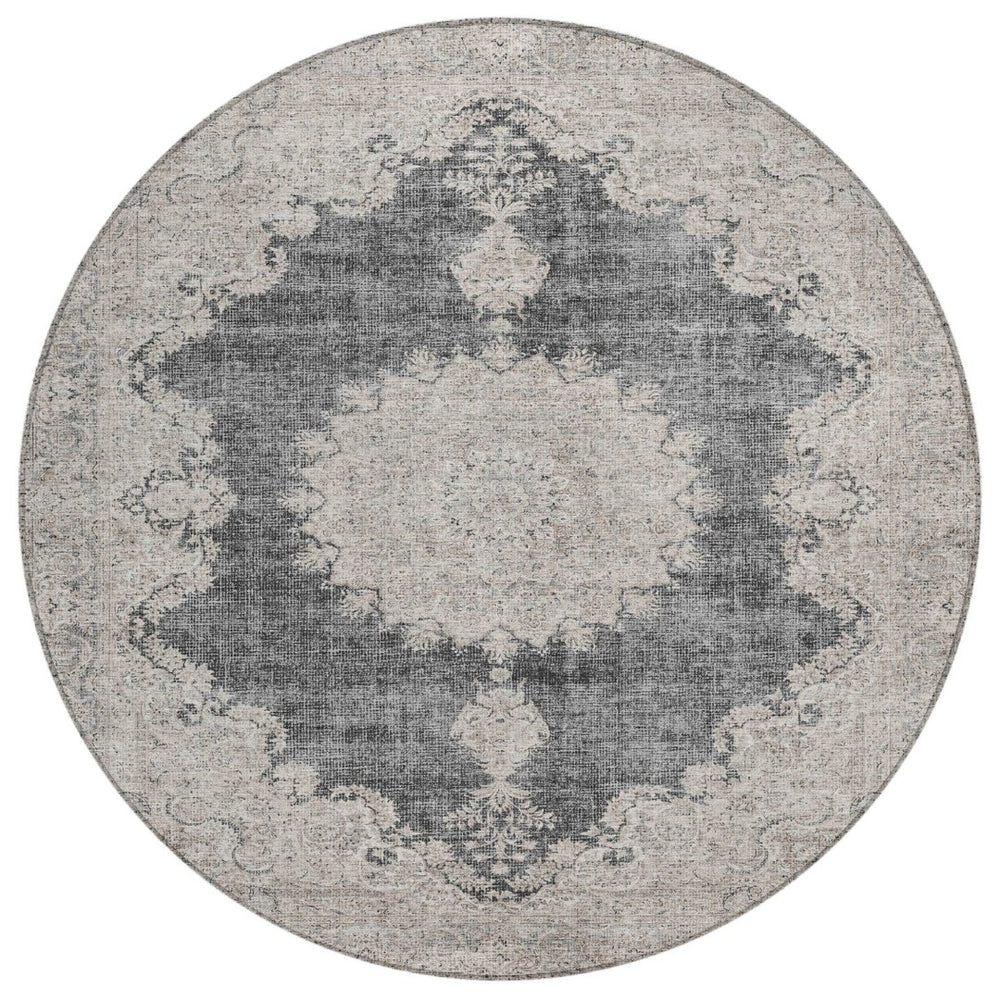 HomeRoots 5' Black and Ivory Oriental Area Rug – Durable, Washable Design for Indoor and Outdoor Spaces 8' Round 597724
