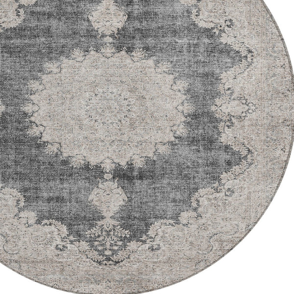 Homeroots 3' Black And Ivory Oriental Washable Area Rug For Indoor And Outdoor Spaces, Durable Design 8' Round Polyester 597724