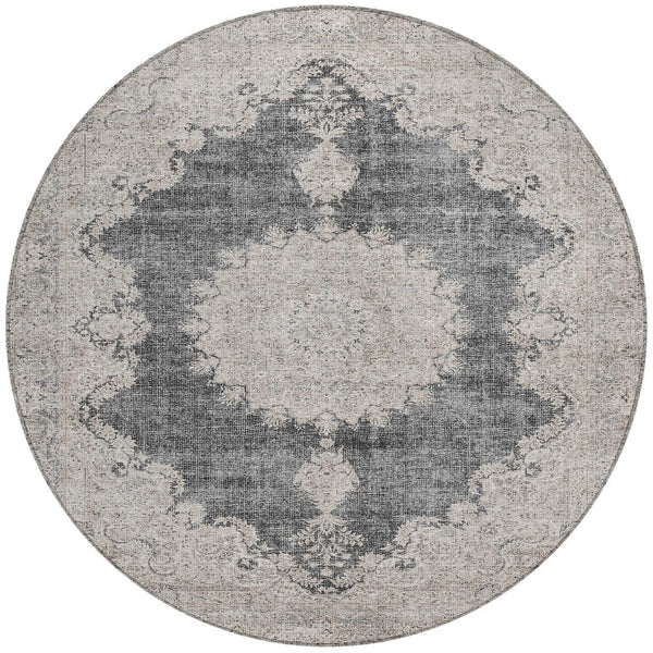 Homeroots 3' Black And Ivory Oriental Washable Area Rug For Indoor And Outdoor Spaces, Durable Design 8' Round Polyester 597724
