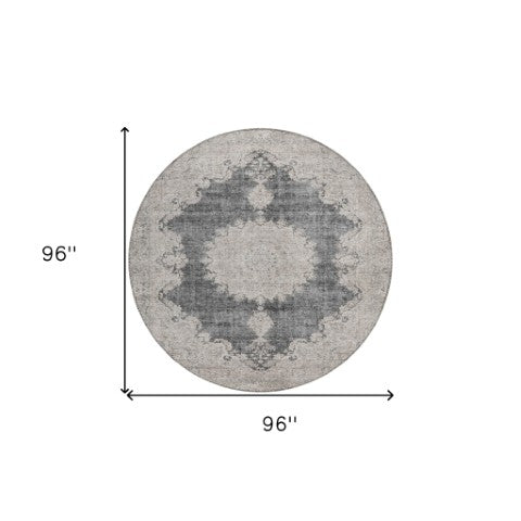 Homeroots 3' Black And Ivory Oriental Washable Area Rug For Indoor And Outdoor Spaces, Durable Design 8' Round Polyester 597724