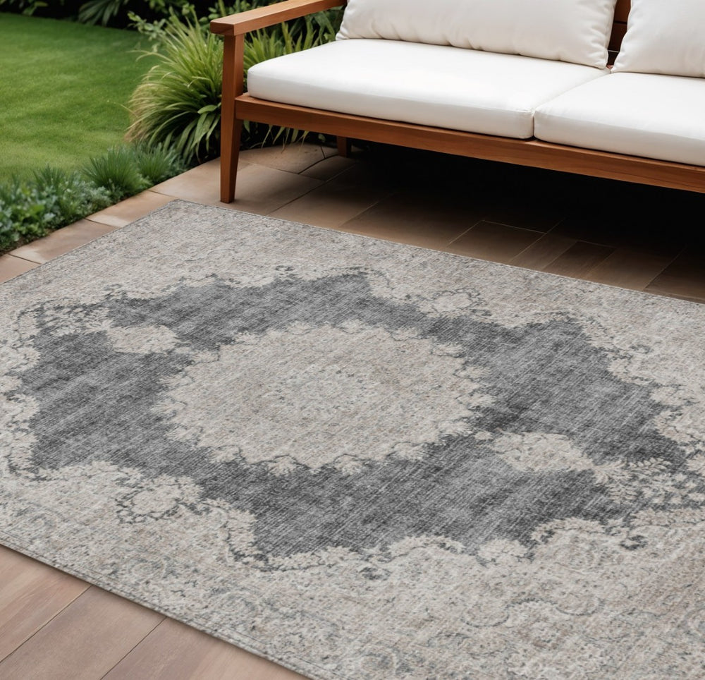 HomeRoots 9' X 12' Black & Ivory Oriental Washable Rug - Durable, Stylish, Indoor/Outdoor, Easy Care Solution 597726