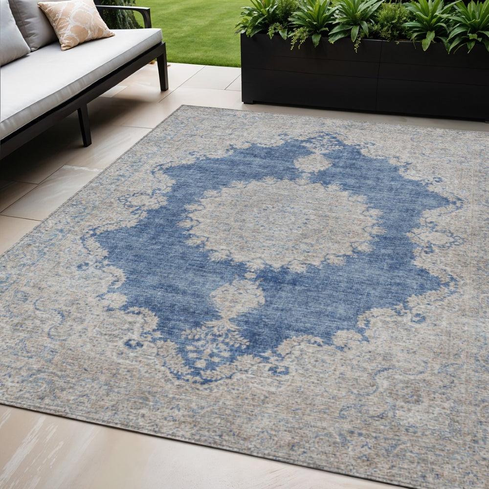 HomeRoots 5' Navy Blue and Ivory Oriental Area Rug - Durable, Washable, Indoor/Outdoor Style for Any Space 5' X 8' 597741