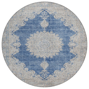 HomeRoots 5' Navy Blue and Ivory Oriental Area Rug - Durable, Washable, Indoor/Outdoor Style for Any Space 8' Round 597742