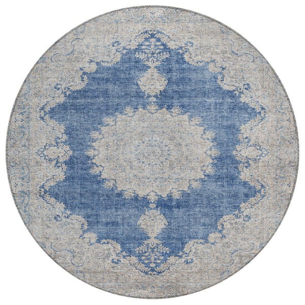 HomeRoots 5' Navy Blue and Ivory Oriental Area Rug - Durable, Washable, Indoor/Outdoor Style for Any Space 8' Round 597742