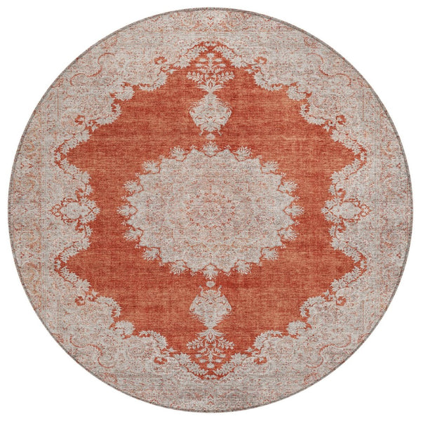 HomeRoots 5' Stylish Rust and Beige Oriental Area Rug - Durable, Washable, Indoor/Outdoor, Stain-Resistant Design 8' Round 597748