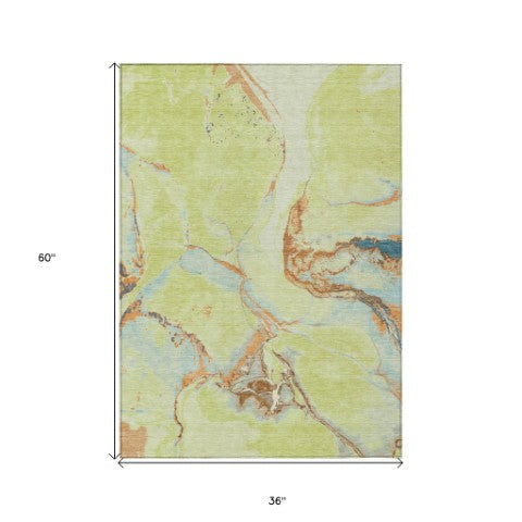 Homeroots 3' Abstract Artichoke Green Blue And Brown Washable Indoor Outdoor Area Rug For Versatile Spaces 3' X 5' Polyester 597758