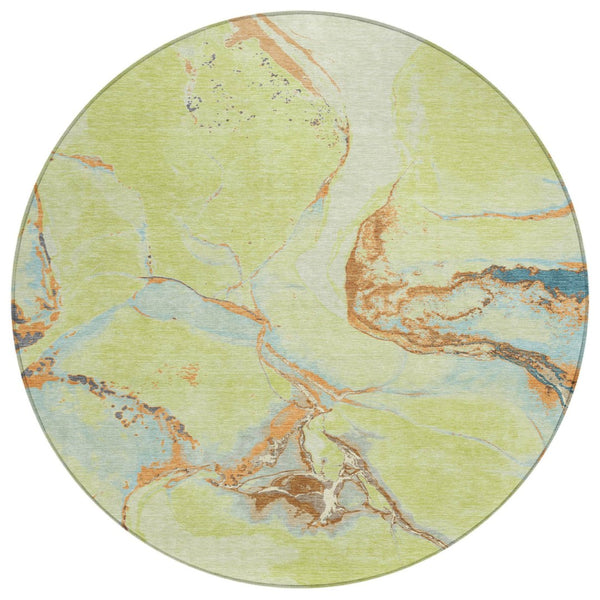 HomeRoots 5' Contemporary Artichoke Green and Blue Abstract Area Rug for Indoor and Outdoor Durability 8' Round 597760
