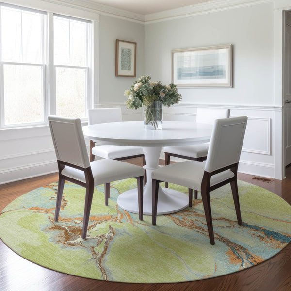 Homeroots 3' Abstract Artichoke Green Blue And Brown Washable Indoor Outdoor Area Rug For Versatile Spaces 8' Round Polyester 597760