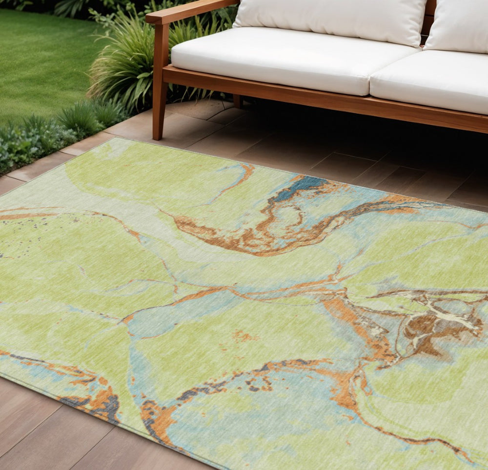 HomeRoots 5' Contemporary Artichoke Green and Blue Abstract Area Rug for Indoor and Outdoor Durability 8' X 10' 597761
