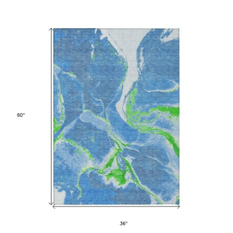 Homeroots 3' Abstract Artichoke Green Blue And Brown Washable Indoor Outdoor Area Rug For Versatile Spaces 3' X 5' Polyester 597764