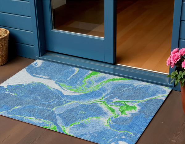 Homeroots 3' Abstract Artichoke Green Blue And Brown Washable Indoor Outdoor Area Rug For Versatile Spaces 3' X 5' Polyester 597764