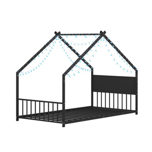 English Elm Twin House Bed Frame with Led Lights Iron Slats Low Profile Kids Bedroom W1820P234194