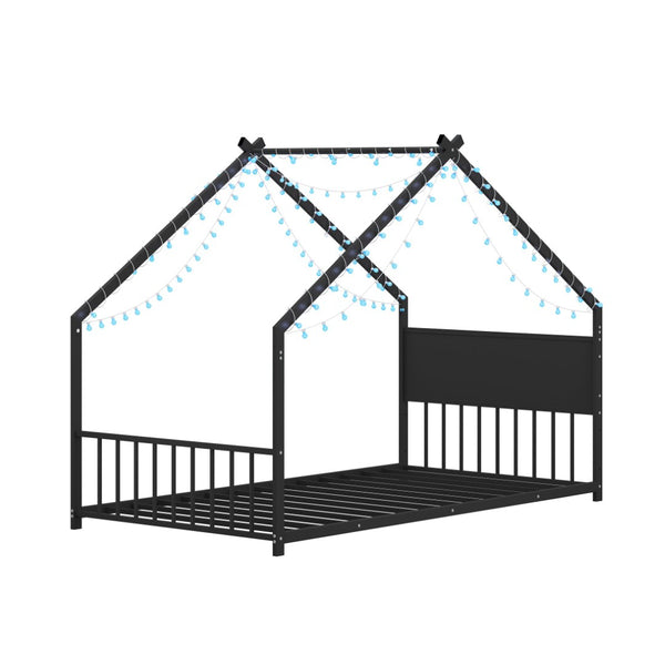 English Elm Twin House Bed Frame with Led Lights Iron Slats Low Profile Kids Bedroom W1820P234194