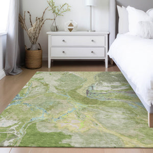 Homeroots 3' Abstract Artichoke Green Blue And Brown Washable Indoor Outdoor Area Rug For Versatile Spaces 8' X 10' Polyester 597773