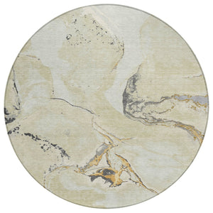 HomeRoots 5' Stylish Ivory Gray and Gold Abstract Washable Area Rug for Indoor and Outdoor Spaces, Durable Design 8' Round 597778