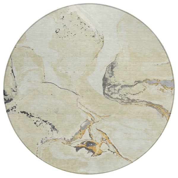 HomeRoots 5' Stylish Ivory Gray and Gold Abstract Washable Area Rug for Indoor and Outdoor Spaces, Durable Design 8' Round 597778