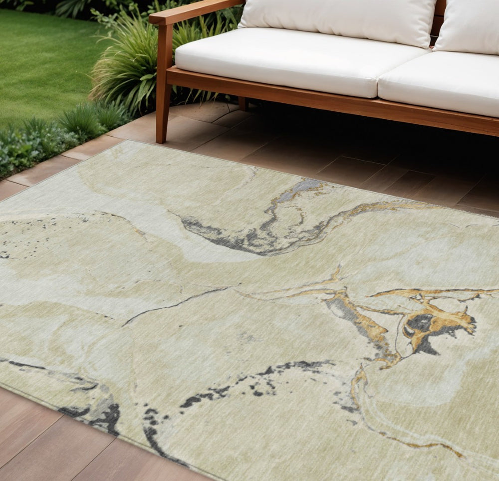 HomeRoots 9' X 12' Modern Ivory Gray Gold Abstract Rug - Stain Resistant, Washable Indoor/Outdoor Décor Choice 597780