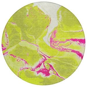 HomeRoots 5' Vibrant Abstract Area Rug in Lime Green, Neon Pink & Ivory - Washable for Indoor/Outdoor Use 8' Round 597784