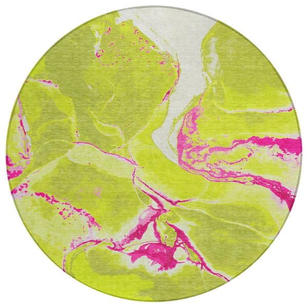 HomeRoots 5' Vibrant Abstract Area Rug in Lime Green, Neon Pink & Ivory - Washable for Indoor/Outdoor Use 8' Round 597784