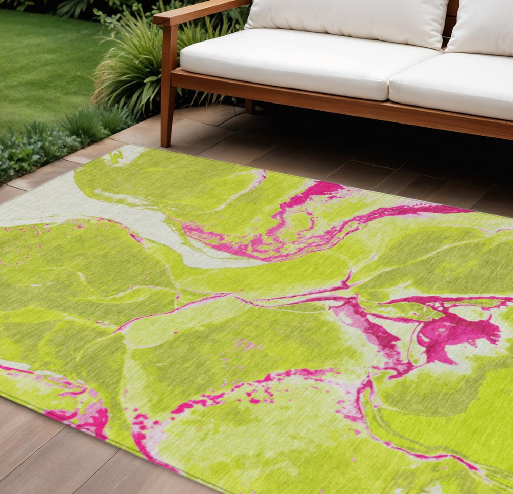 HomeRoots 9' X 12' Vibrant Abstract Area Rug in Lime Green, Neon Pink & Ivory - Washable Indoor/Outdoor Use 597786