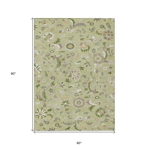 Homeroots 3' Floral Artichoke Green And Gray Area Rug For Indoor Outdoor Spaces - Washable & Stain Resistant 5' X 8' Polyester 597789