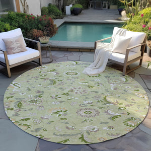Homeroots 3' Floral Artichoke Green And Gray Area Rug For Indoor Outdoor Spaces - Washable & Stain Resistant 8' Round Polyester 597790