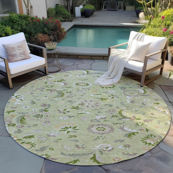 Homeroots 3' Floral Artichoke Green And Gray Area Rug For Indoor Outdoor Spaces - Washable & Stain Resistant 8' Round Polyester 597790