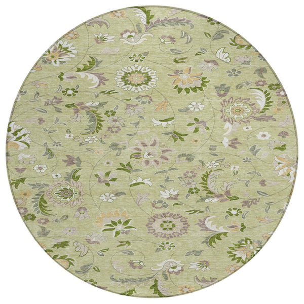 HomeRoots 5' Vibrant Floral Washable Area Rug in Artichoke Green, Gray & Brown for Indoor/Outdoor Use 8' Round 597790