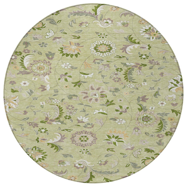 Homeroots 3' Floral Artichoke Green And Gray Area Rug For Indoor Outdoor Spaces - Washable & Stain Resistant 8' Round Polyester 597790