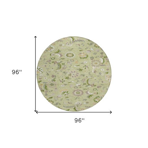 Homeroots 3' Floral Artichoke Green And Gray Area Rug For Indoor Outdoor Spaces - Washable & Stain Resistant 8' Round Polyester 597790