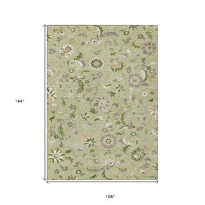 Homeroots 3' Floral Artichoke Green And Gray Area Rug For Indoor Outdoor Spaces - Washable & Stain Resistant 9' X 12' Polyester 597792
