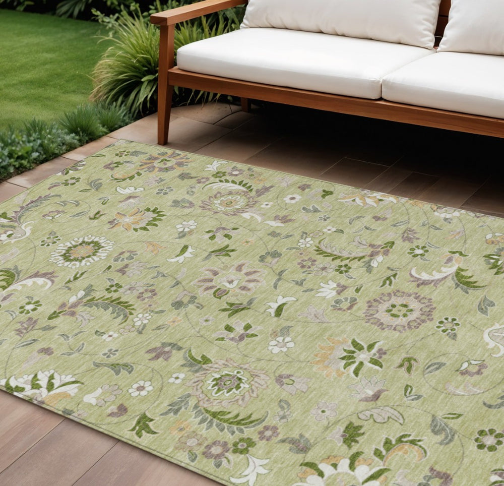 HomeRoots 9' Floral Artichoke Green and Gray Area Rug - Durable, Washable, Indoor/Outdoor, Perfect for High-Traffic Areas 597792
